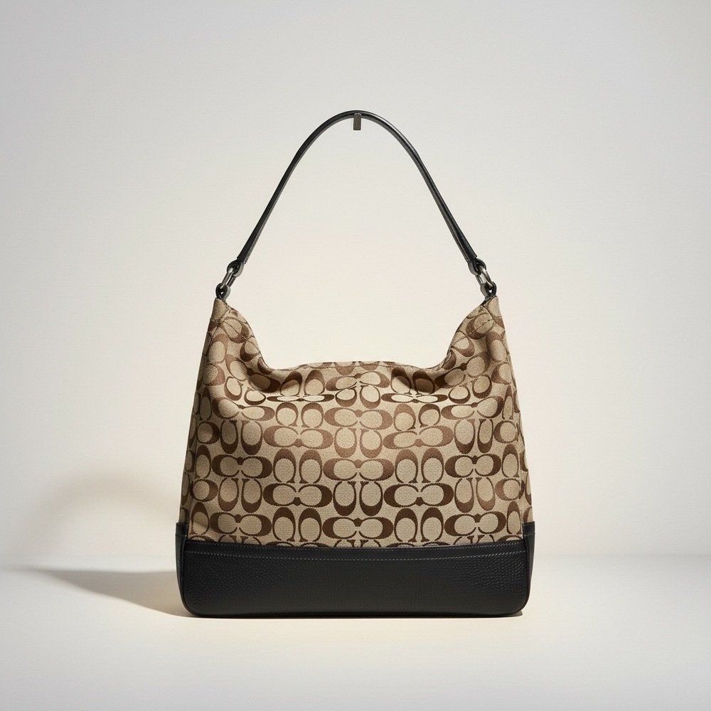 Coach Signature Hobo Bag Beige Canvas Blue Leather Shoulder Purse Dust Bag - Picture 4 of 13